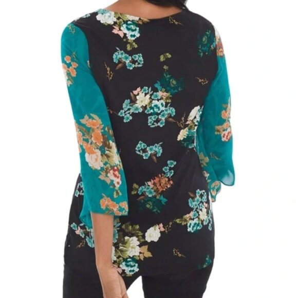 Chico's Floral Black Blouse with Teal Sleeves - Sz 1 - Picture 2 of 12